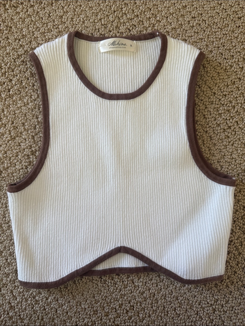 mahina White Cropped Ribbed Tank with Tan Trim ~ Retail $54.00